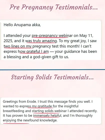 "Two lines on my pregnancy test this month!" This message from a pre-pregnancy webinar student is pure joy. Another expresses gratitude for the "immensely helpful" knowledge from the breastfeeding and starting solids webinar.
