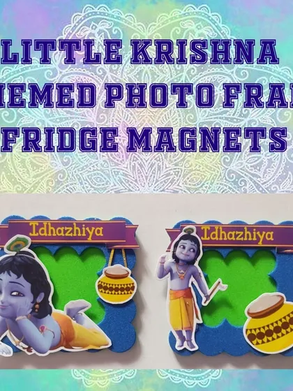 I love bringing a client's theme to life. These are custom Little Krishna photo frame magnets I made as return gifts. I can personalize these with different characters and names, making them a unique and memorable party favor for your guests.