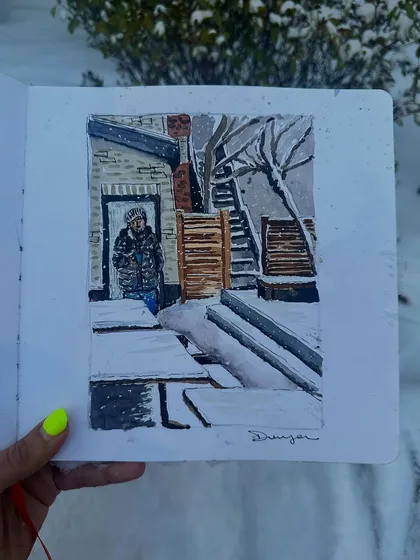 My first time painting snow! This watercolour sketch captures a quiet, snow-covered backyard in Somerville, Boston. I loved the challenge of painting the soft textures and cool light.