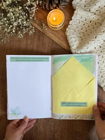 A page with an envelope for collecting leaves, encouraging them to observe and interact with their new environment.