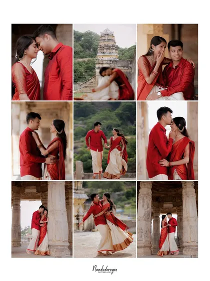 A collage of nine images from a single shoot, showcasing a variety of poses, emotions, and angles within the Melukote temple complex.