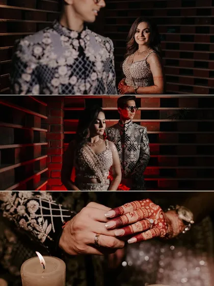 A collage of intimate moments from a Sangeet, using red lighting and close-ups to highlight the couple's connection.