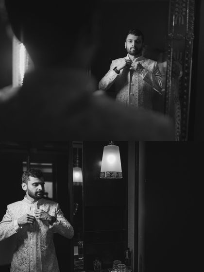 A black and white collage of the groom getting ready, looking at his reflection. These moody shots add a cinematic feel to the wedding album.