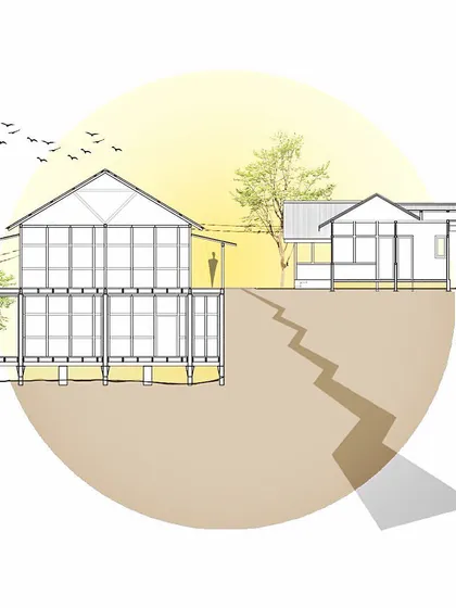 An artistic elevation drawing that illustrates the 'Assam type house' in its context. This style of architecture was introduced after the great 1897 earthquake, adapting Japanese techniques to local materials.