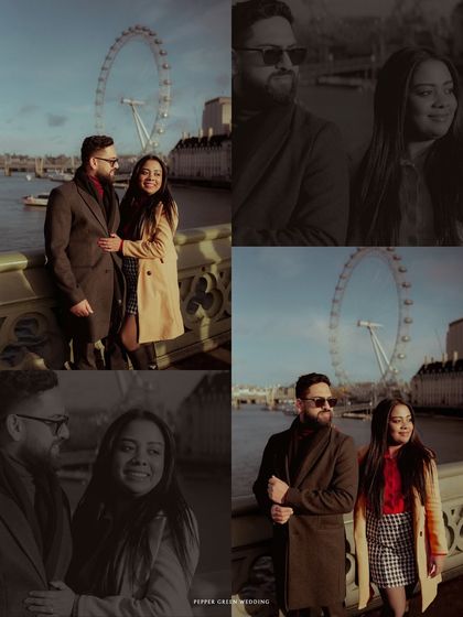 A festive pre-wedding story captured during Christmas in London. The holiday lights and decorations added a magical glow to their romance, with the London Eye in the background.