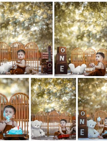 A collage showing the fun and variety of an outdoor first birthday shoot, including pre cake portraits and the messy cake smash itself.