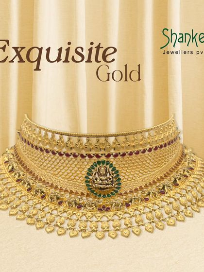 Exquisite gold in its finest form. This temple choker features a central deity motif surrounded by intricate patterns, representing the pinnacle of our heritage jewellery craftsmanship.
