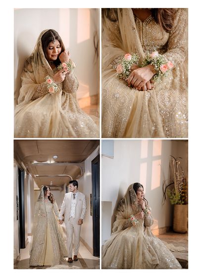 A collage capturing the essence of Uzma and Amir's magical engagement, from bridal details to the happy couple walking together.