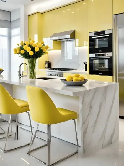 A showcase of our modern kitchen design, this space features vibrant yellow high-gloss cabinets paired with a stunning marble waterfall island. The design emphasizes clean lines, integrated appliances, and a breakfast bar for casual dining, creating a cheerful and highly functional cooking environment.