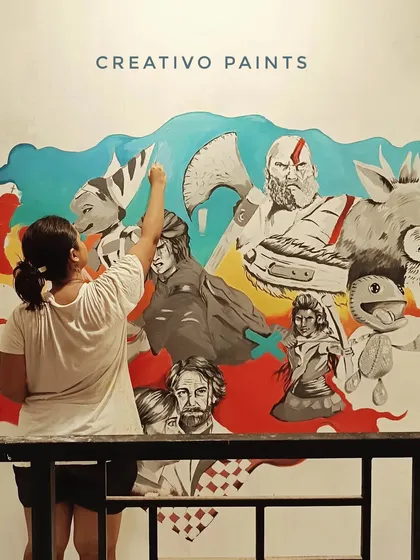 Here I am adding more details and layers to the characters. This multi-day process allows me to build up the richness and complexity of the final piece.