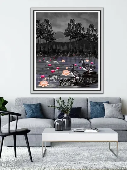 A dramatic black and white version of the duck pond, with only the lotus flowers in color.