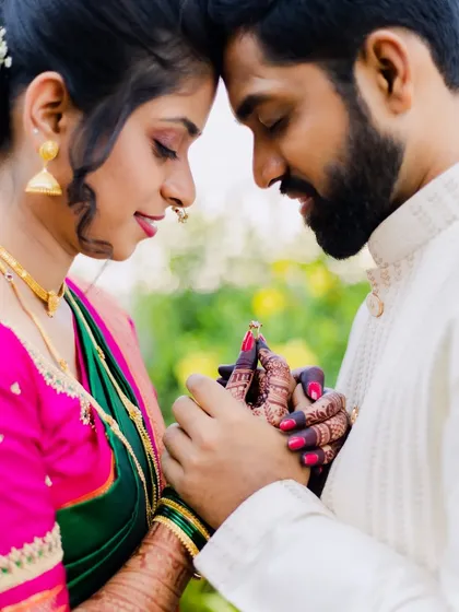A close-up shot focusing on the engagement ring, a symbol of the couple's promise. The intricate mehendi adds a layer of traditional beauty.