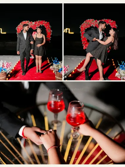 A romantic setup for Ashish and Pallavi, with a heart-shaped floral arch, a red carpet, and a candlelit dinner for two.