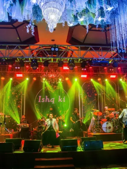 Another view of the magnificent stage for a wedding sangeet. The lighting and decor complement our music perfectly.