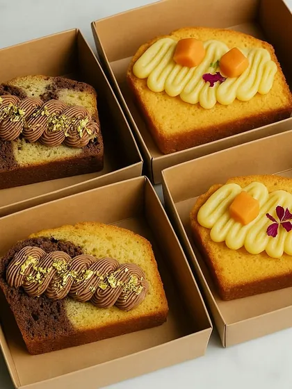 For parties and bulk orders, I offer individual cake slices. Here are two of my popular flavors: the tropical Coconut Mango and the rich Choco Pistachio marble cake slices.
