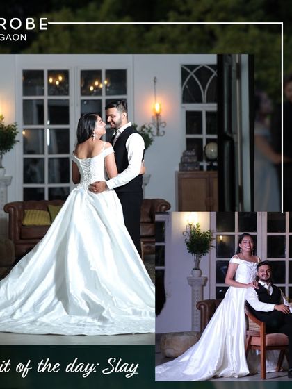 This is what modern romance looks like. The bride’s off-shoulder white ball gown with a long train is pure magic, perfectly complemented by the groom's classic black and white suit.