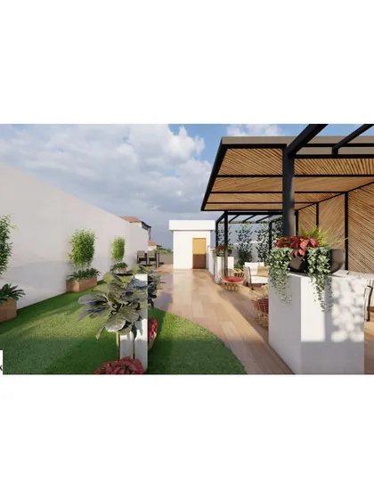 A perspective render of an earthy and elegant terrace garden. Visualizations like this allow us to perfect the details, from the texture of the wooden pergola to the placement of each planter, ensuring a cohesive final result.