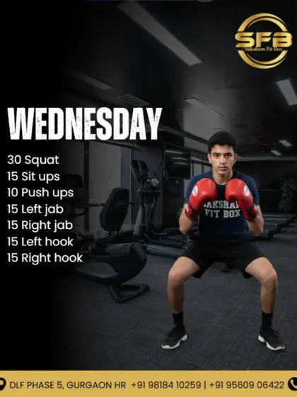 Our Wednesday workout focuses on building a solid foundation with squats, sit-ups, push-ups, and a series of jab and hook combinations.