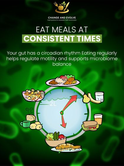 Hack 1: Eat meals at consistent times. Your gut has a circadian rhythm, and a regular schedule helps regulate motility and support microbiome balance.