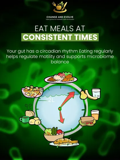 Hack 1: Eat meals at consistent times. Your gut has a circadian rhythm, and a regular schedule helps regulate motility and support microbiome balance.