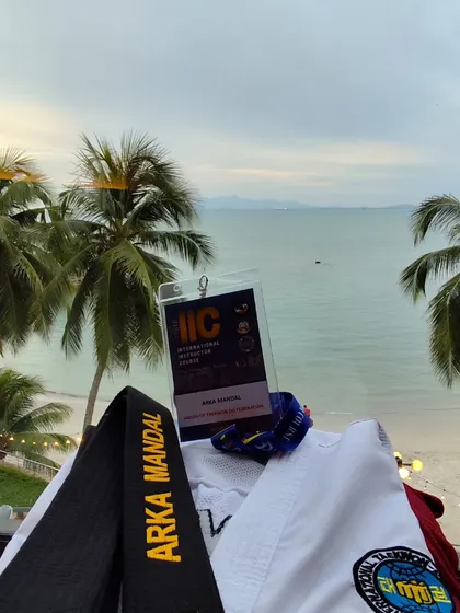 My gear at the International Instructor Course in Penang, with the beach in the background. It's a reminder that hard work can take you to beautiful places.