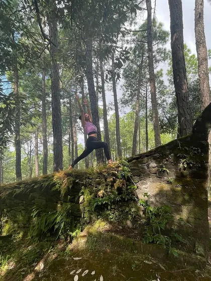 The powerful stance of Warrior I on a fallen log in the Binsar wildlife sanctuary. This pose builds strength and stability, grounding you firmly in the present moment, surrounded by the towering trees.