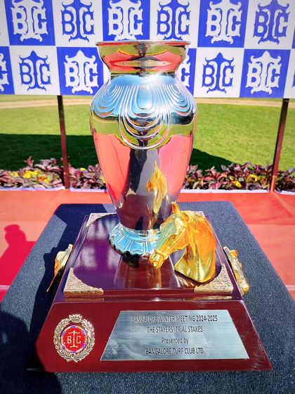 The Stayers' Trial Stakes trophy, adorned with golden horse heads.