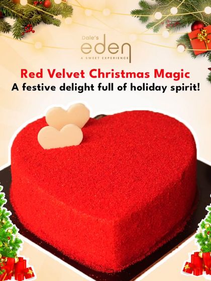 Red Velvet Christmas Magic. A festive, heart-shaped red velvet cake that combines a holiday favorite with a romantic shape, making it a delightful treat for the season.