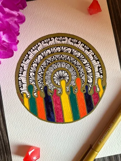 This piece is an abstract representation of a vibrant weekend. The colorful dripping effect at the bottom contrasts with the structured black and gold mandala above, symbolizing a burst of creative energy.