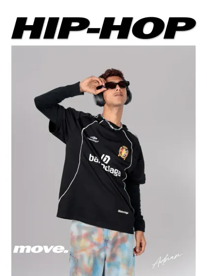 A hip-hop inspired magazine layout. This shot captures the essence of street culture with headphones and a cool pose, perfect for a music or fashion feature.