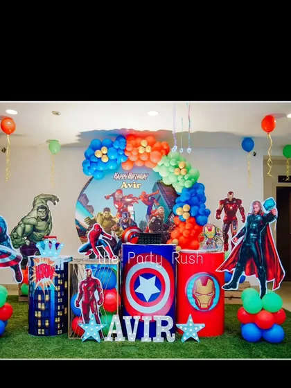 I bring the action with this epic Avengers superhero theme. The party features life-sized cutouts of heroes like Captain America, The Hulk, and Thor, themed pedestals with iconic symbols, and a dynamic balloon arch, making any child feel like they are part of the team.