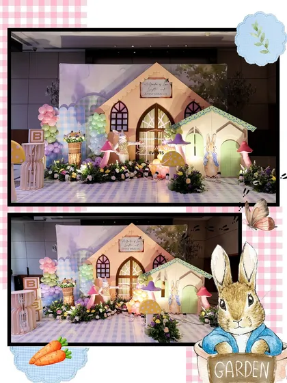 Detail is key in my storybook themes, as shown in this Peter Rabbit setup. I recreated Mr. McGregor's garden with charming house-shaped backdrops, mushroom props, and pastel balloon garlands, bringing the classic tale to life.