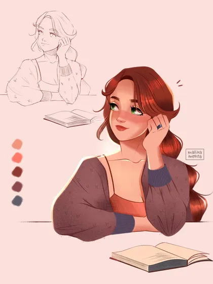 A redraw of an old illustration, showing my current style next to the initial sketch. This demonstrates my process of refining character poses, color palettes, and overall composition.