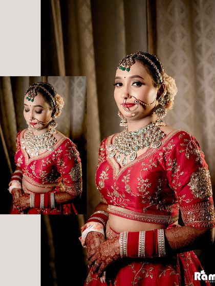 A close-up portrait collage of the bride, highlighting her beautiful makeup, jewelry, and serene expression as she gets ready.