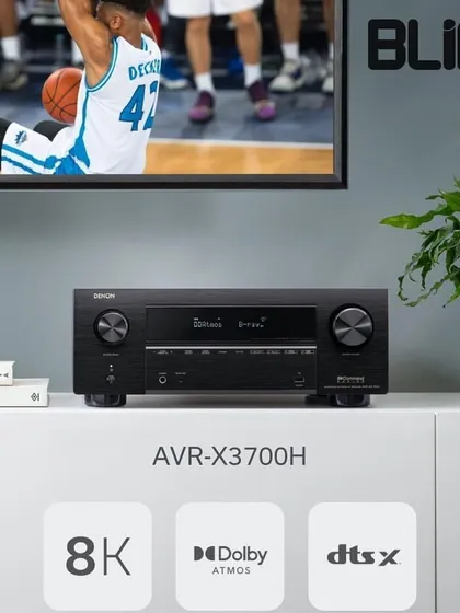 The Denon AVR-X3700H is a powerful 9 channel, 8K capable receiver. It supports immersive audio formats like Dolby Atmos and DTS:X, and allows for easy music streaming via Wi-Fi, Bluetooth, and Apple AirPlay 2.
