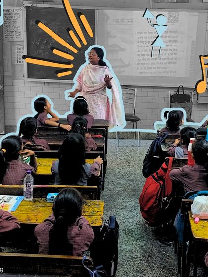 A teacher gestures with passion while leading a vocal session. The graphic overlay highlights her role in inspiring and guiding the students' voices.