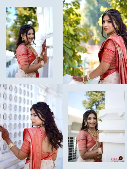 A collage showcasing different angles and poses from a single pre-wedding saree shoot. This demonstrates the variety of shots we provide, from smiling portraits to more contemplative poses.