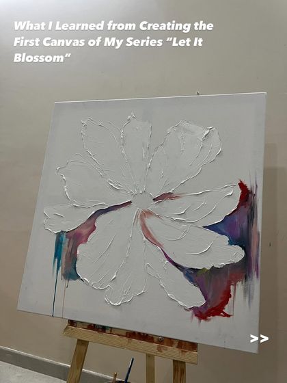 A work-in-progress shot of the first canvas in my "Let It Blossom" series. The thick, white texture of the flower is applied first, creating a bold form before the subtle background colors are added to tell the story of blossoming.