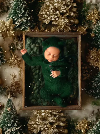 A festive Christmas portrait to celebrate baby's first holiday season. This cozy setup, surrounded by miniature pine trees, creates a magical winter wonderland scene.