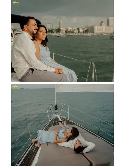 Two views from Dhwani and Riten's yacht session, one looking out at the Mumbai skyline and another capturing a relaxed, intimate moment.