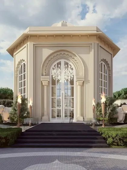 Another perspective of the elegant pre-function hall, this render shows how the structure is framed by lush green walls. The design creates a sense of a hidden jewel within a garden, perfect for exclusive receptions.
