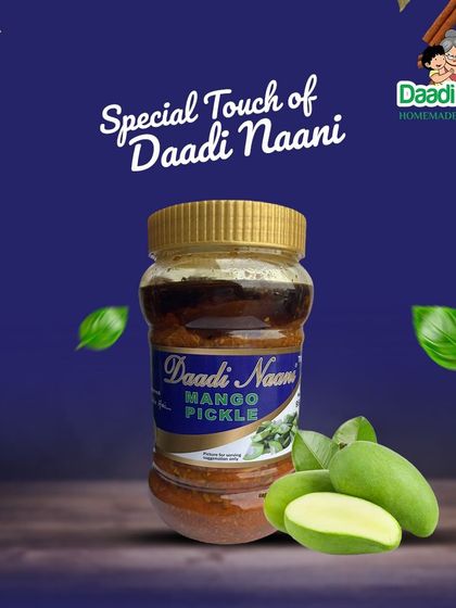 A jar of our special Mango Pickle, made with the touch of Daadi Naani. It's the perfect companion for your daily meals, from dal chawal to parathas.