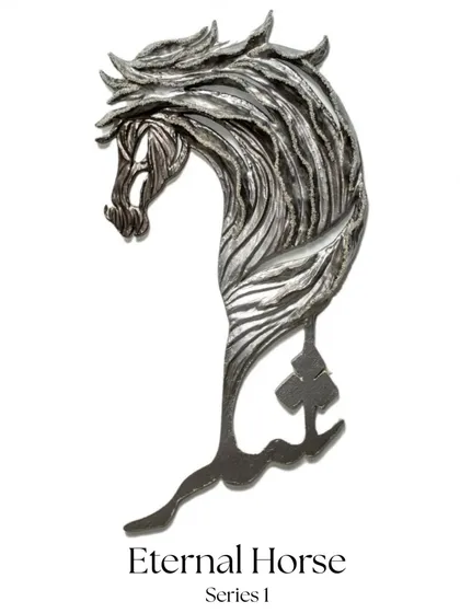 "Eternal Horse - Series I." This sculpture, adorned with rough diamonds, is a tribute to the timeless spirit of the UAE, embodying the elegance and endurance of the Arabian steed.