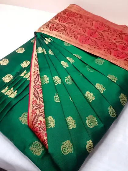 A dark green Banarasi-style saree with a red border, pleated to perfection.