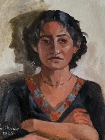 This is a portrait of Anamaya, a beautiful and poised model who sat for me for five and a half hours. Painting from life has its struggles, but capturing her strength and the delicate play of light and shadow was a deeply rewarding artistic experience. This is an oil on canvas portrait.
