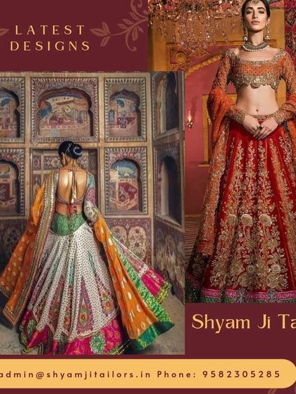 I can create a wide variety of lehenga styles, from multi-colored panelled designs to classic red and gold bridal wear. Just show me a picture of what you want.