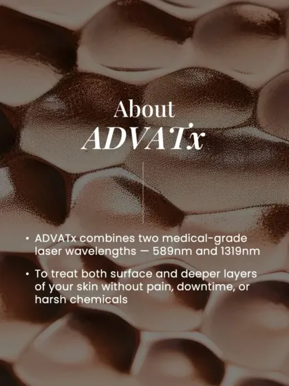 This graphic provides an overview of the AdvaTx technology, which combines two medical-grade laser wavelengths to treat both surface and deeper skin layers without pain or downtime.