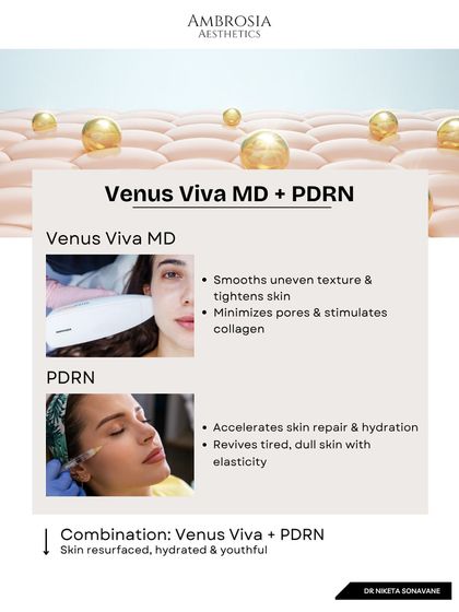 This graphic shows one of my favorite combinations for skin rejuvenation: Venus Viva MD to smooth texture and tighten skin, paired with PDRN to accelerate repair and revive dull skin. The result is resurfaced, hydrated, and youthful skin.