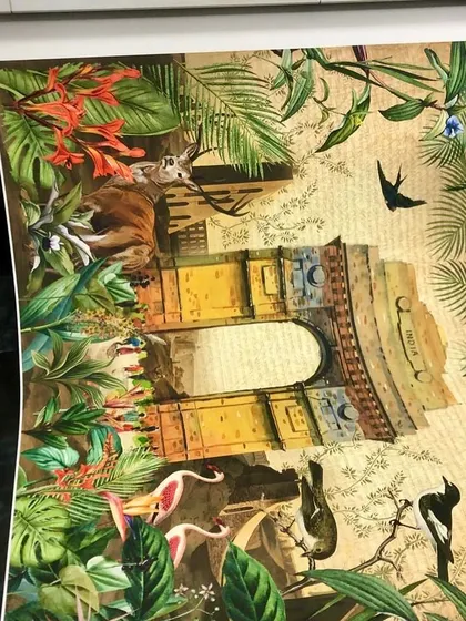 A print of the India Gate artwork, fresh off the printer. This shows the large scale and rich colors of the hand-illustrated piece before installation.