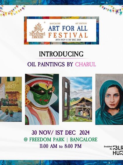 A showcase of oil paintings by Charul, featuring a stunning range from a Kathakali dancer's portrait to serene landscapes.